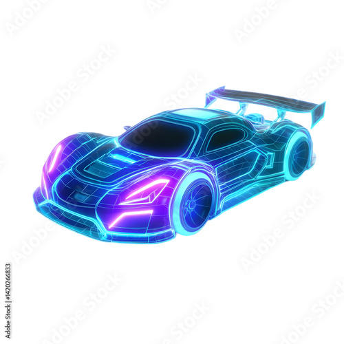 Futuristic Glowing Blue And Purple Sports Car Wireframe Design