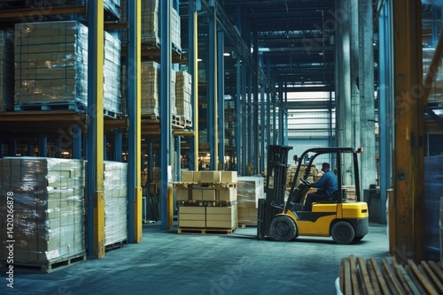 A forklift drives through a warehouse full of boxes