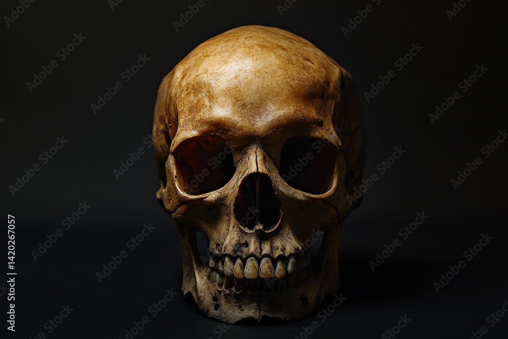 A detailed closeup of a human skull set against a solid black background A detailed closeup of a human skull set against a solid black background
