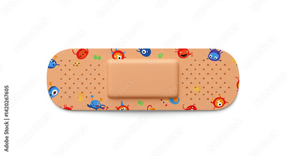 Bandage with funny monsters. Strip of skin colored medical plaster. Cute cartoon characters. Remedy for wound. Patch on white surface. Healthcare protection. Kid first aid. Bandage with funny monsters. Strip of skin colored medical plaster. Cute cartoon characters. Remedy for wound. Patch on white surface. Healthcare protection. Kid first aid.