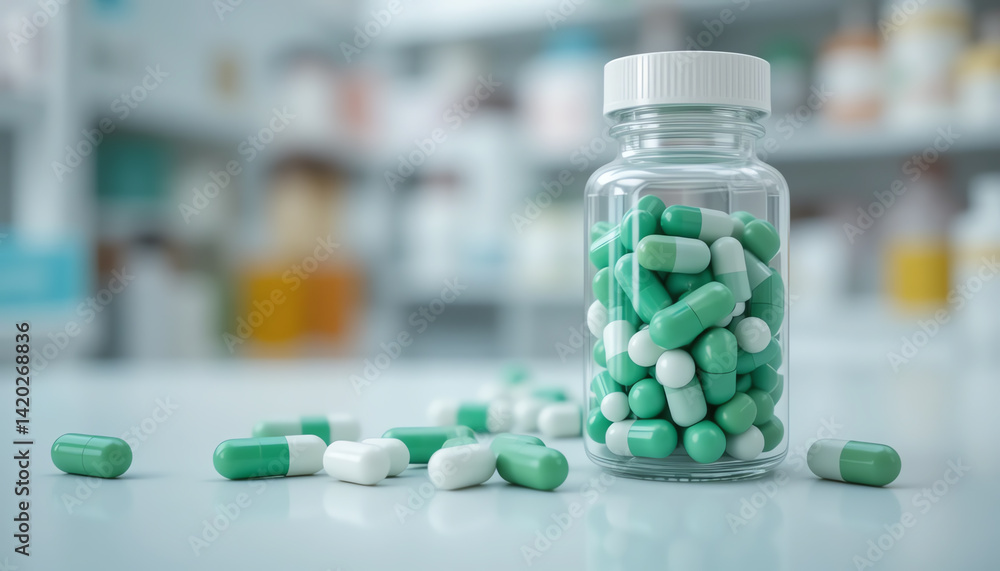 A clear glass bottle filled with green and white capsules, showcasing a modern pharmacy setting with scattered pills. A clear glass bottle filled with green and white capsules, showcasing a modern pharmacy setting with scattered pills.