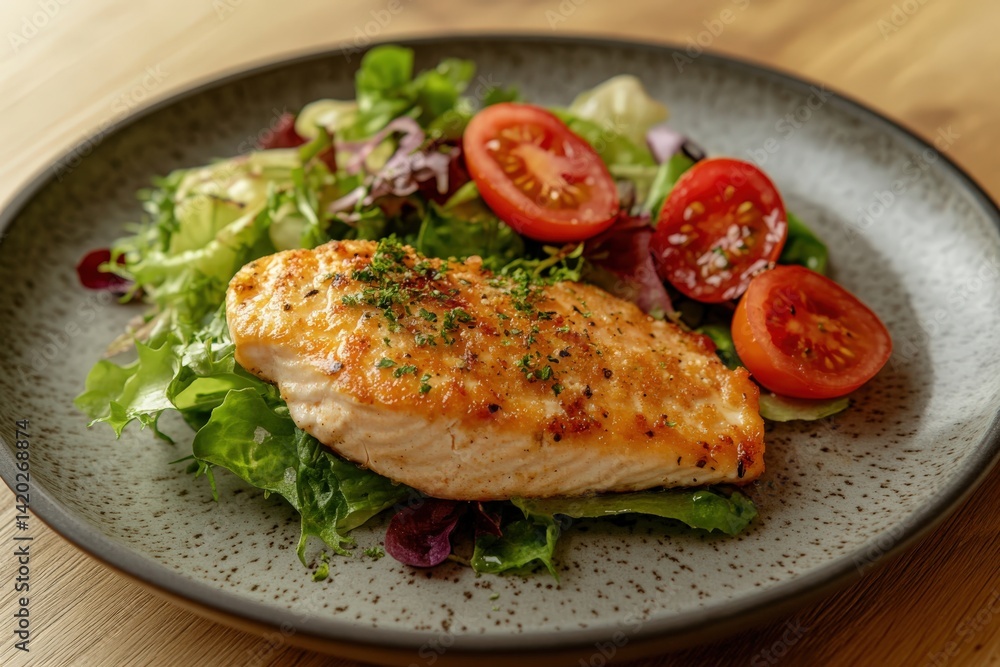 A plate of salmon with fresh spinach and tomatoes on a wooden table A plate of salmon with fresh spinach and tomatoes on a wooden table
