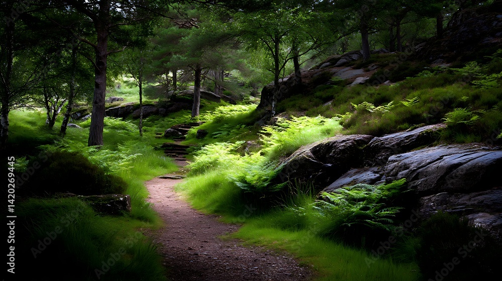 Obraz premium Serene Forest Path through Lush Greenery and Ancient Trees a Scenic Natural Walkway.