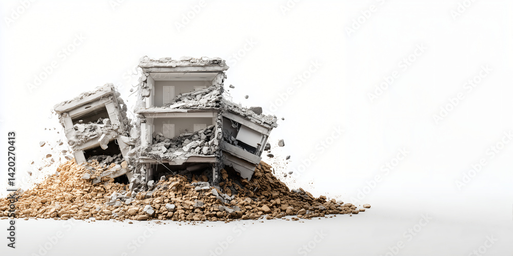 Obraz premium Collapsing Building Model: A miniature building model crumbles and collapses into a pile of rubble, dramatically illustrating the effects of destruction or disaster.