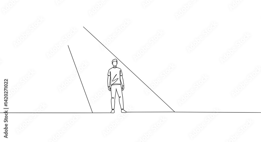 Fototapeta premium Man in a beam of light in a minimalist one line vector drawing