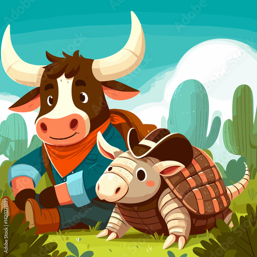 Friendly cartoon illustration of a Texas Longhorn calf and a cowboy hat-wearing armadillo resting in a cactus-filled landscape
