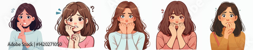 Vector collection of a person biting nails with a worried, scared expression