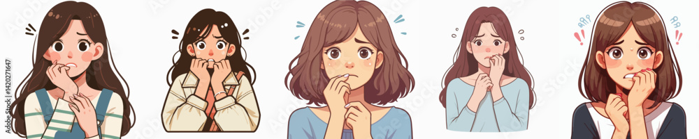 Vector collection of a person biting nails with a worried, scared expression Vector collection of a person biting nails with a worried, scared expression
