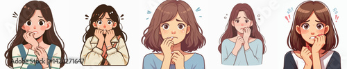 Vector collection of a person biting nails with a worried, scared expression