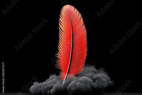 Abstract Red and Orange Feather Emerging from Gray Smoke on Black Background photo