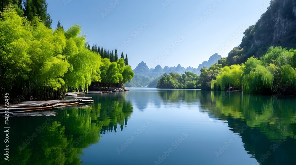 Serene Lake Landscape with Lush Green Trees on Bank and Distant Mountain Peaks Blue Sky Scenery Serene Lake Landscape with Lush Green Trees on Bank and Distant Mountain Peaks Blue Sky Scenery