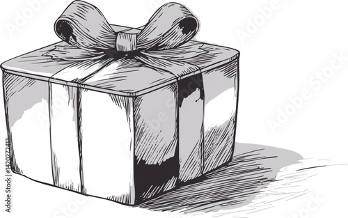 Black and white sketch of a gift box with a large ribbon and shadow illustration. Vector illustration