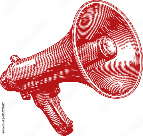 Red vintage megaphone illustration with intricate linework details in sketch style. Vector illustration