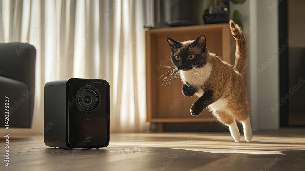 A multicolored tortie cat leaping gracefully beside a futuristic smart home cam.