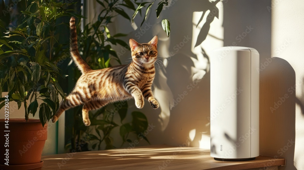 A playful orange and black marbled cat jumps beside a white security device at home.