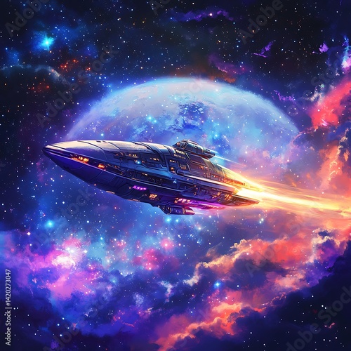 Wallpaper Mural Glowing spaceship flying above planet in deep space Torontodigital.ca