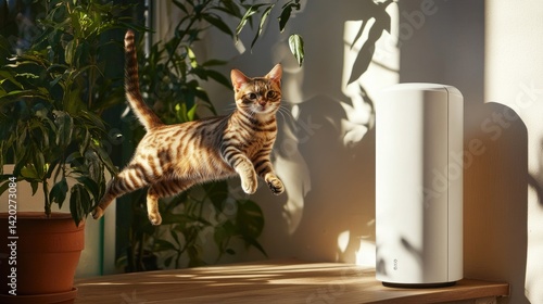 Obraz na płótnie A playful orange and black marbled cat jumps beside a white security device at home. w salonie