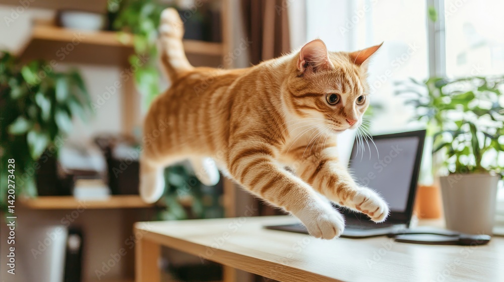 A striped orange tabby with white paws jumps over a clean desk with a smart camera.