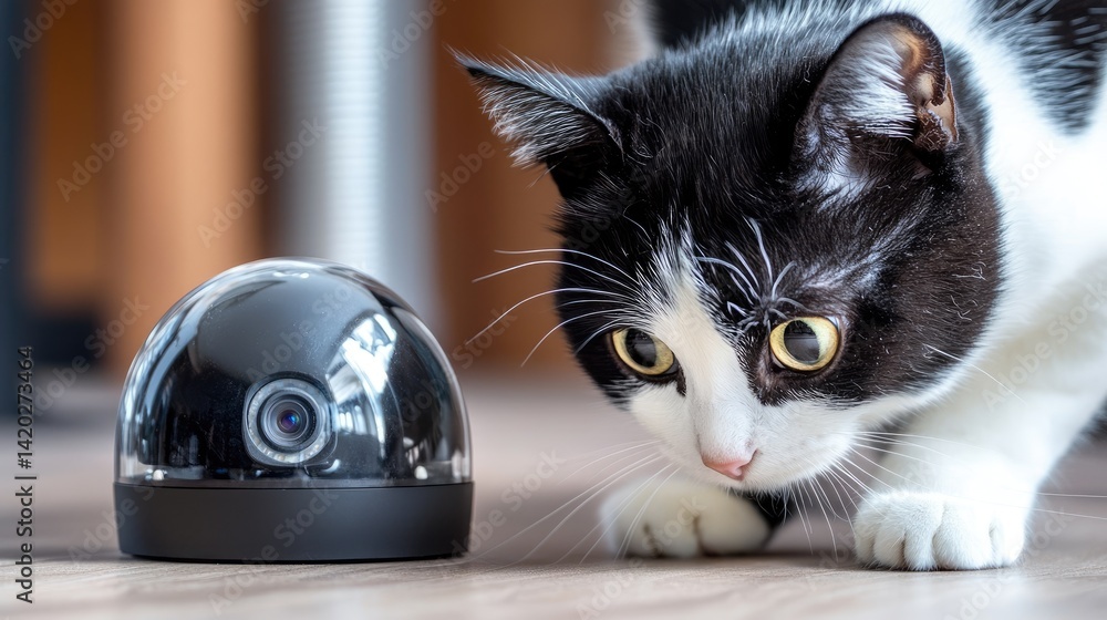 A tuxedo cat with black and white fur pounces beside a smart dome camera in a clean home office.