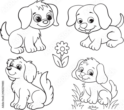 Four Cute Cartoon Dogs, Perfect for Coloring Books