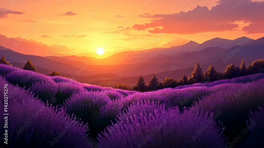 Purple Lavender Field At Sunset With Orange Sky and Mountain Silhouette View Purple Lavender Field At Sunset With Orange Sky and Mountain Silhouette View