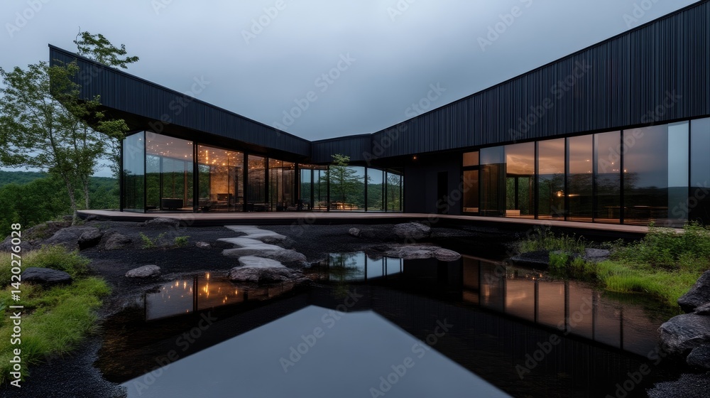 Modern, black-clad home with a tranquil water feature. Large windows showcase the surrounding landscape Modern, black-clad home with a tranquil water feature. Large windows showcase the surrounding landscape