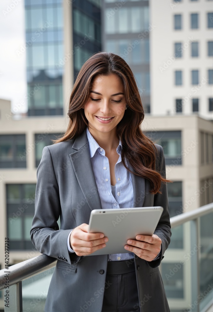 Portrait of business woman using tablet computer on balcony of office building Portrait of business woman using tablet computer on balcony of office building