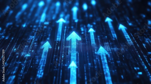 Glowing blue arrows ascend through a digital matrix, symbolizing growth and progress