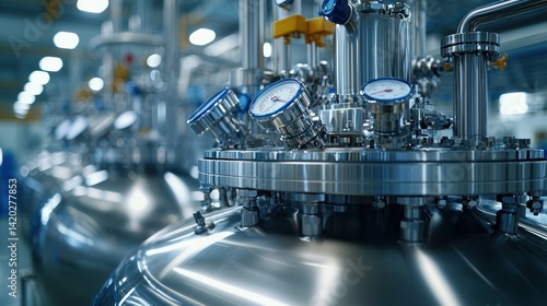 Industrial manufacturing equipment.  Stainless steel tanks and pipes