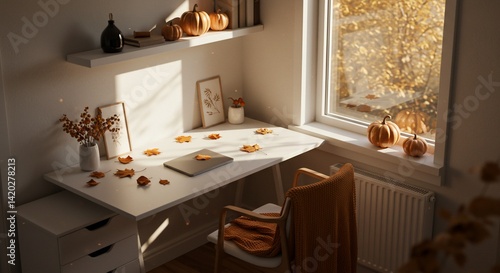 Autumn office space with pumpkins and leaves, perfect for fall vibes.