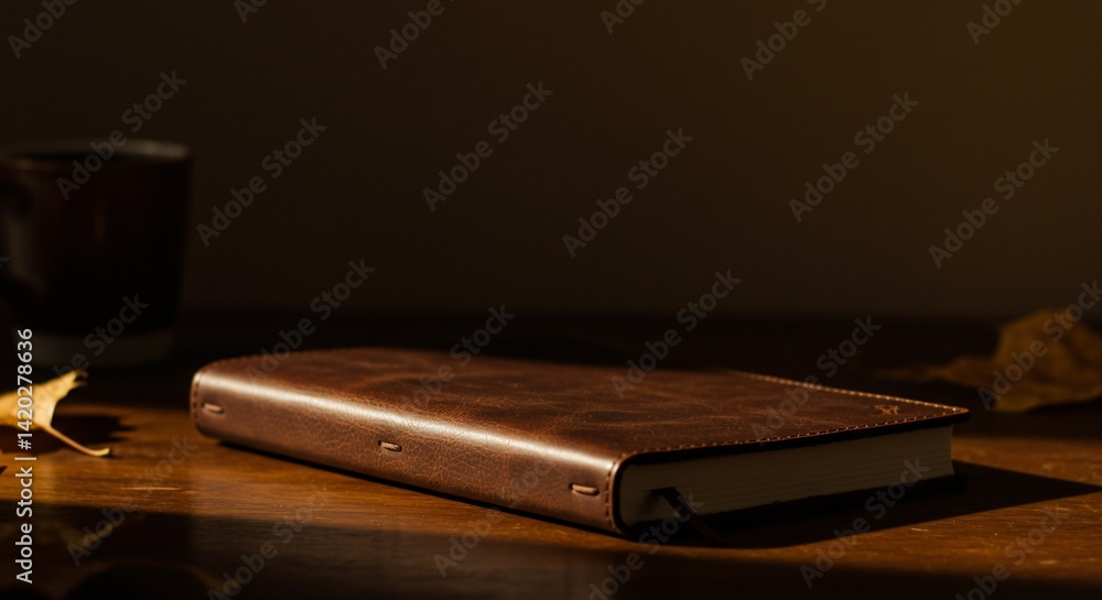 Leather bound journal on a desk with warm light and a mug of coffee. Leather bound journal on a desk with warm light and a mug of coffee.