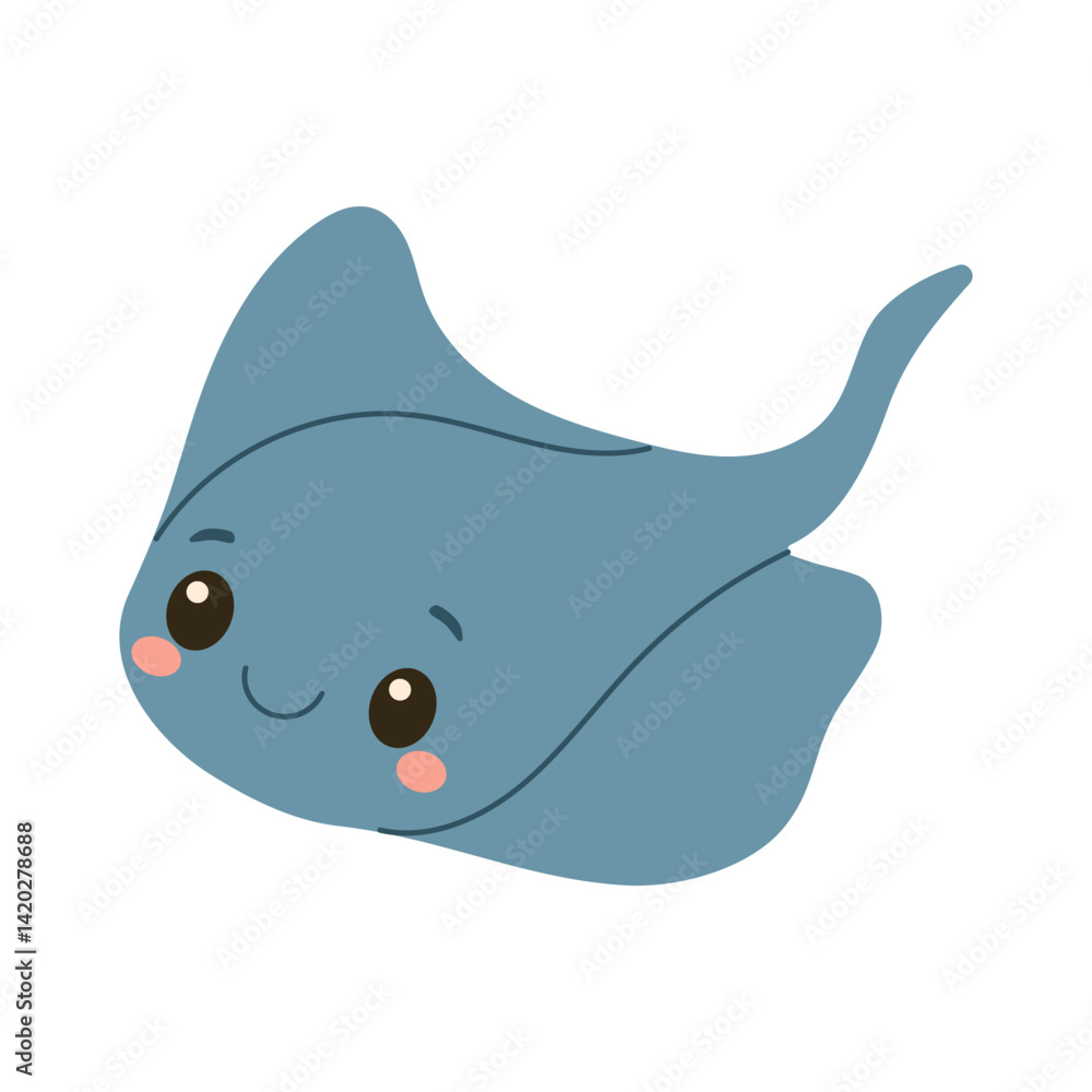 A cartoonish blue stingray with a smiling face. The cartoonish style of the stingray gives it a playful and lighthearted mood A cartoonish blue stingray with a smiling face. The cartoonish style of the stingray gives it a playful and lighthearted mood