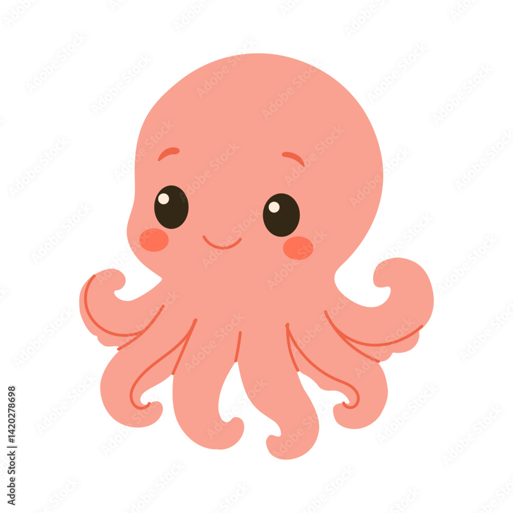 A cartoon octopus with a big smile on its face. The octopus is pink and has a cute, friendly appearance A cartoon octopus with a big smile on its face. The octopus is pink and has a cute, friendly appearance