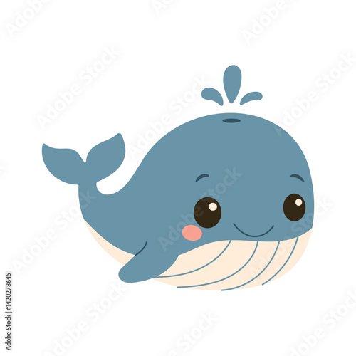 A cartoon whale with a smile on its face. The whale is blue and has a white belly