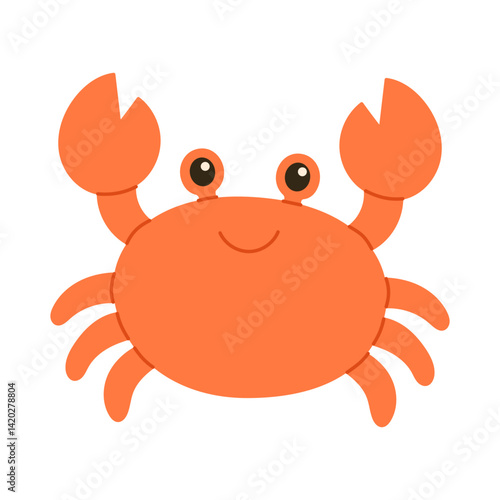 A cartoon crab with a smile on its face. The crab is orange and has a happy expression