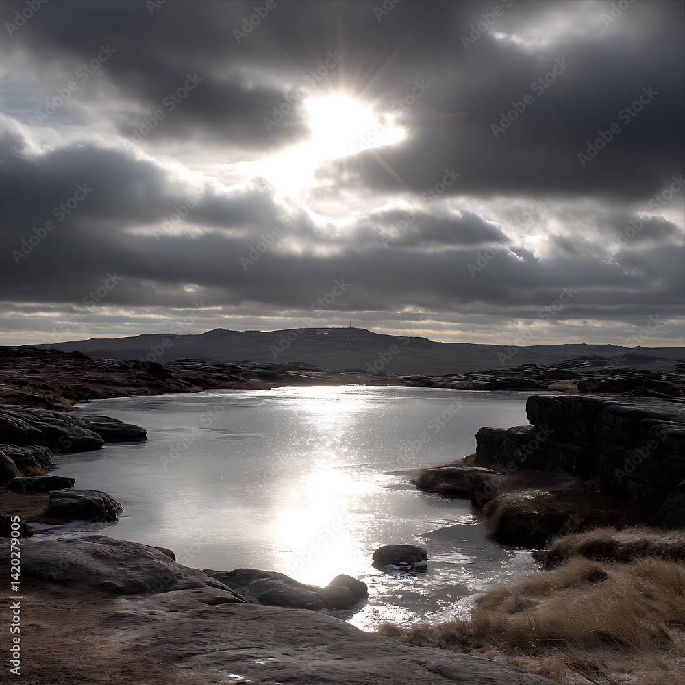 Serene Pond Reflecting Sunlight Piercing Through Overcast Sky in a Rocky Landscape. Serene Pond Reflecting Sunlight Piercing Through Overcast Sky in a Rocky Landscape.