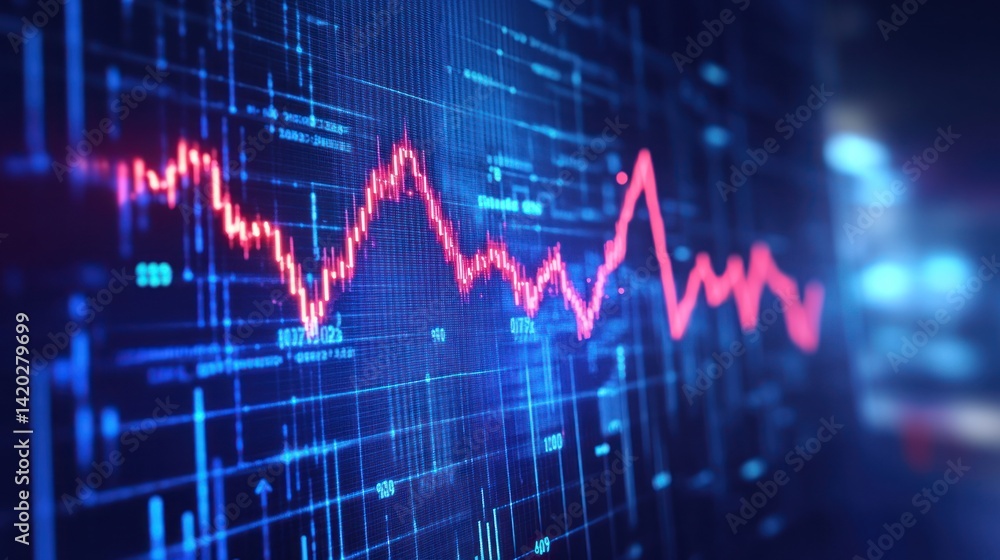Abstract stock market graph in red on a blue background, representing financial analysis data Abstract stock market graph in red on a blue background, representing financial analysis data