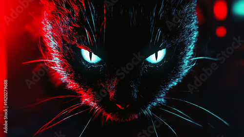 Close-up of a mysterious black cat with glowing eyes, illuminated by red and blue neon lights in a dark cyberpunk setting.
