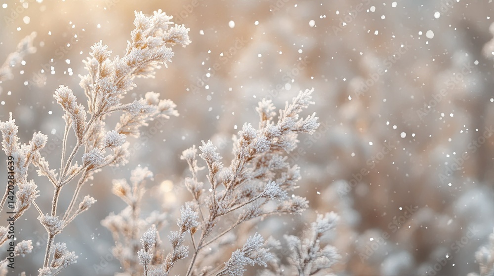 Close up of snowy winter landscape with frosted pine branches, falling snowflakes, and natural textures in soft holiday-themed outdoor setting Close up of snowy winter landscape with frosted pine branches, falling snowflakes, and natural textures in soft holiday-themed outdoor setting