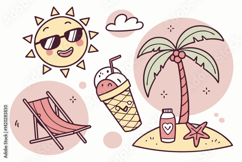 47 Cute summer icons, cartoon style, vibrant colors, smiling sun with sunglasses, happy ice cream cone, cheerful tropical drink, palm trees on island, suntan lotion bottle, beach chair with umbrella, 