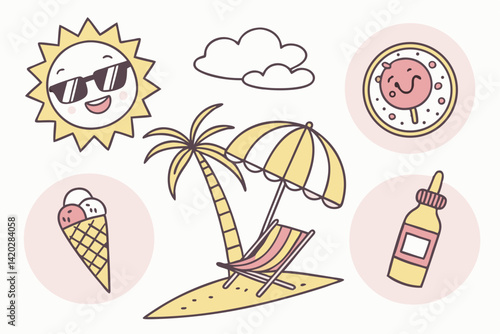 47 Cute summer icons, cartoon style, vibrant colors, smiling sun with sunglasses, happy ice cream cone, cheerful tropical drink, palm trees on island, suntan lotion bottle, beach chair with umbrella, 