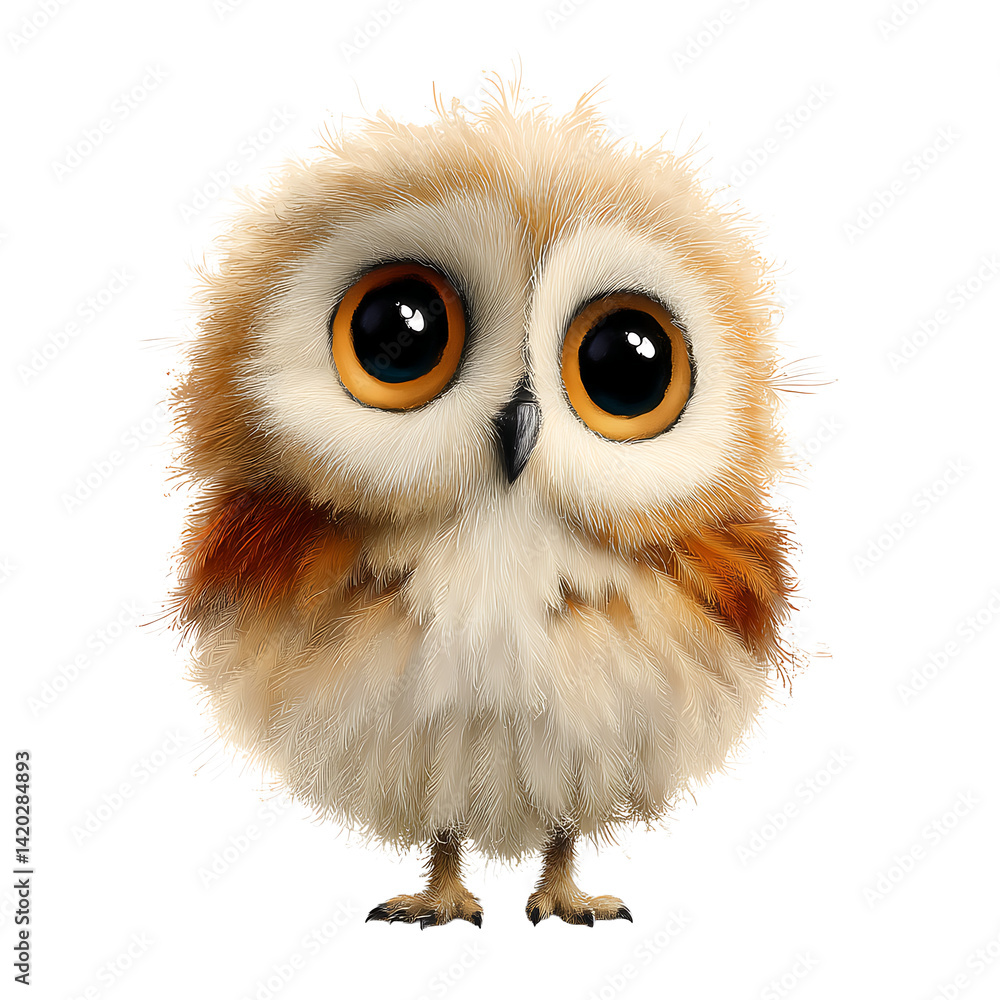 Naklejka premium Charming Owl Portrait: Captivating eyes and fluffy plumage create a whimsical and endearing character for the animal kingdom enthusiast.