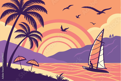 48 Vibrant tropical sunset, windsurfer silhouette, palm trees, beach umbrellas, colorful gradient sky, orange and purple hues, stylized clouds, seagulls in flight, calm ocean waters, vector art style,