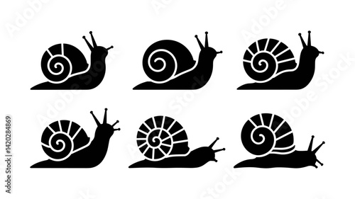 Snail Icon Set: A collection of six distinct snail icons, each showcasing a unique shell pattern and posture, ideal for design projects that need a touch of nature's slow pace.