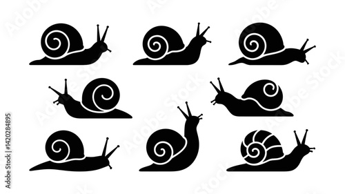 Elegant Snails Silhouette: A collection of elegant snail silhouettes, each uniquely designed with a graceful spiral shell, traversing across the terrain in harmonious movement.