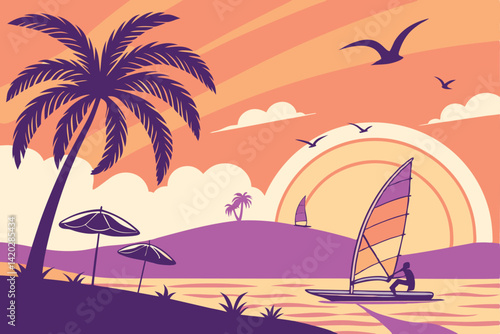 48 Vibrant tropical sunset, windsurfer silhouette, palm trees, beach umbrellas, colorful gradient sky, orange and purple hues, stylized clouds, seagulls in flight, calm ocean waters, vector art style,