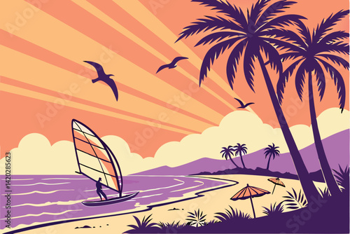 48 Vibrant tropical sunset, windsurfer silhouette, palm trees, beach umbrellas, colorful gradient sky, orange and purple hues, stylized clouds, seagulls in flight, calm ocean waters, vector art style,