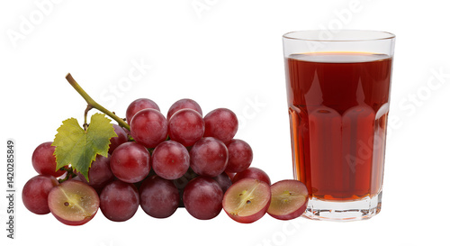 Delicious red grapes and refreshing juice in glass on black background