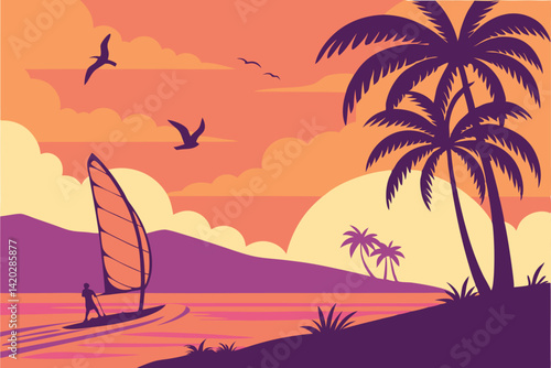 48 Vibrant tropical sunset, windsurfer silhouette, palm trees, beach umbrellas, colorful gradient sky, orange and purple hues, stylized clouds, seagulls in flight, calm ocean waters, vector art style,
