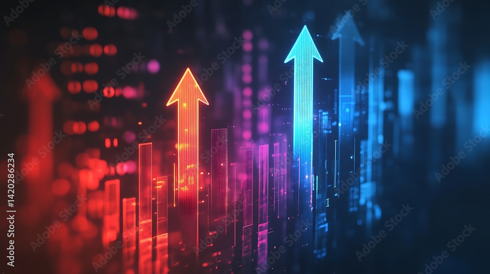 Abstract growth visualization represented by bright neon financial arrow concept Abstract growth visualization represented by bright neon financial arrow concept